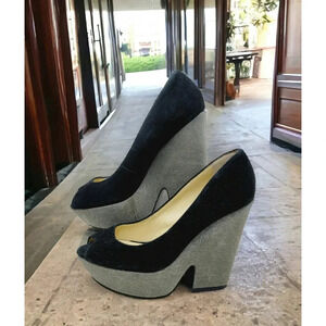Luxury Rebel "Razo"  Black Peep Toe Platform Wedges Size 38 1/2 M (7 1/2)